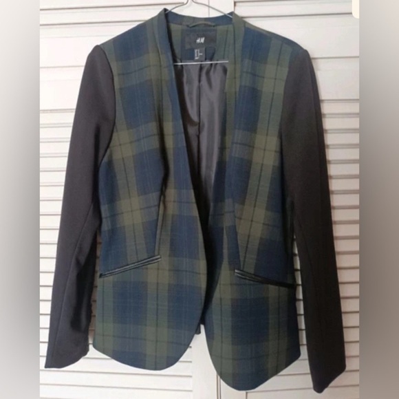 H&M collarless open black watch plaid tartan blazer - Picture 4 of 9